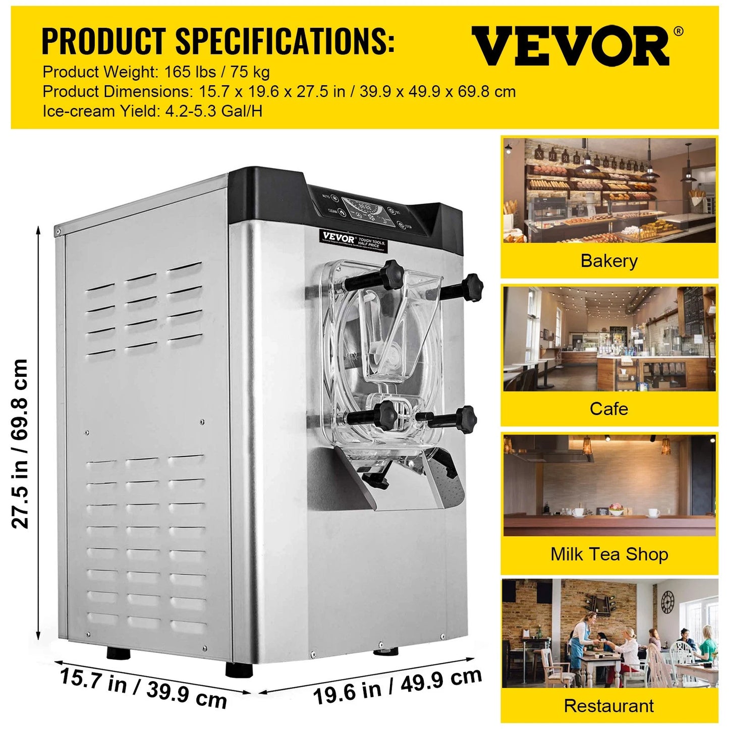VEVOR Kommerzielle Harte Eismaschine 3,5-4,4 UK Gallonen/H Edelstahl Eisbereiter